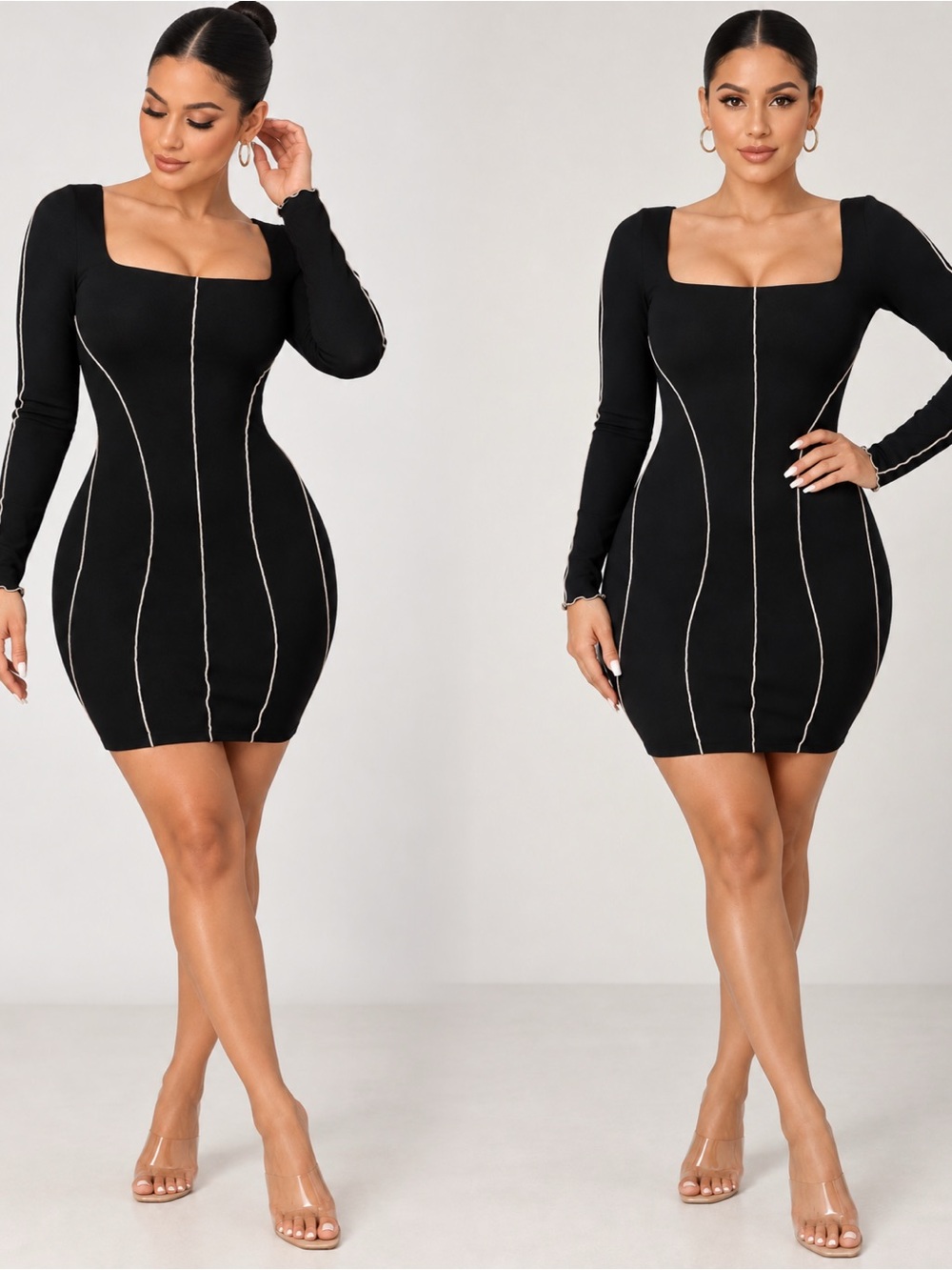 Elegant Black Long Sleeve Seam Detail Dress